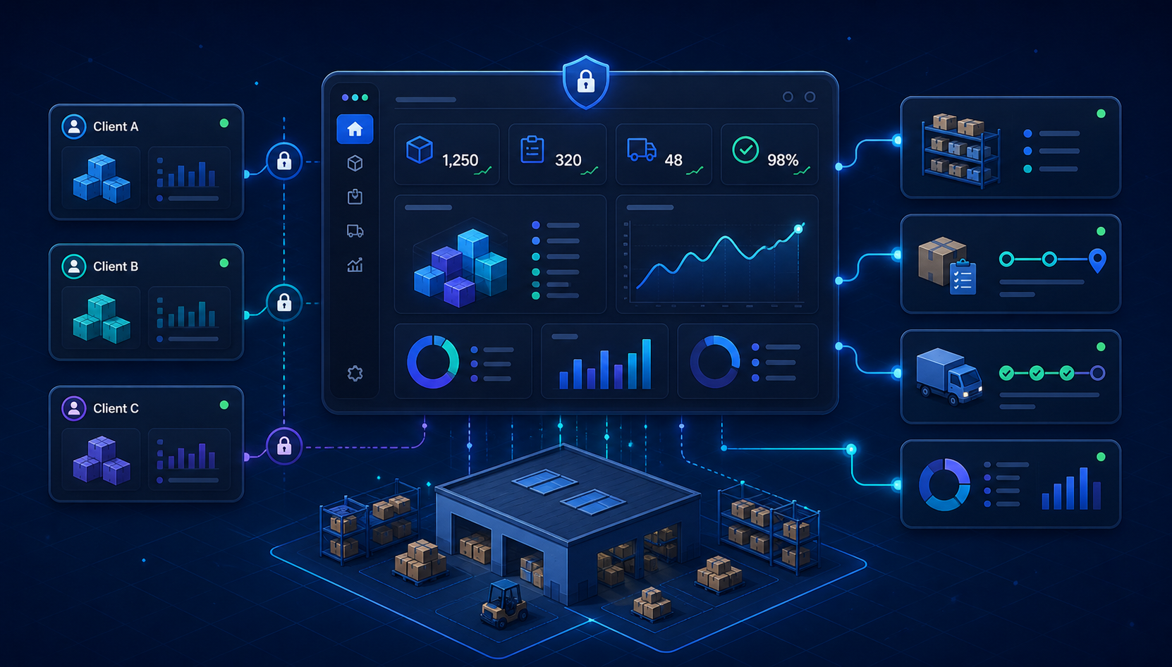 Concept illustration of a secure AI-native 3PL client portal: one warehouse at the center with permission-scoped visibility connecting separate customer accounts (Client A, Client B, Client C) to warehouse inventory, orders, shipping, and analytics dashboards
