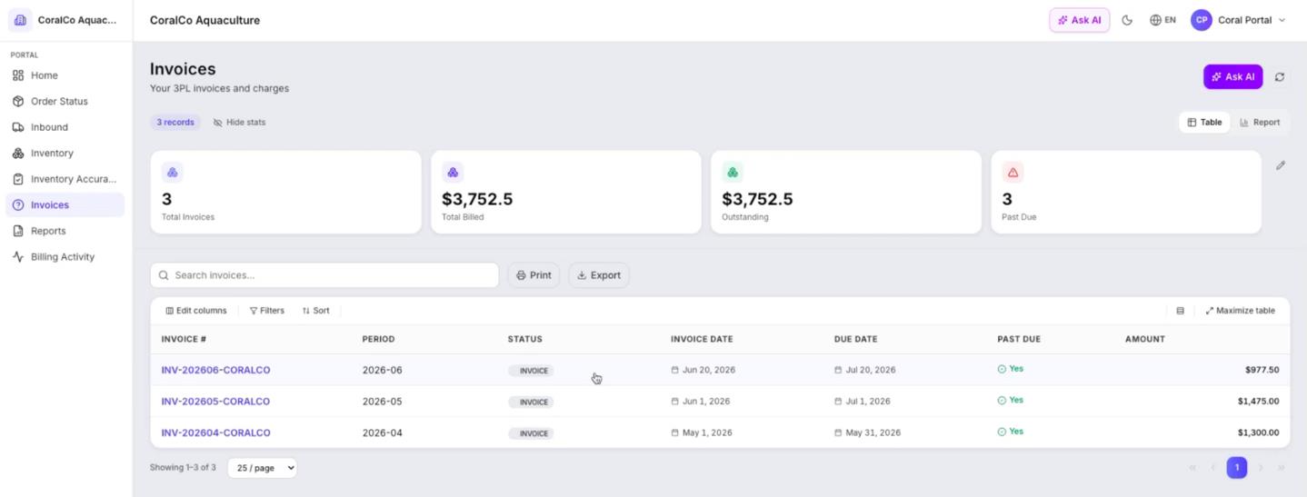 JASCI Phoenix 3PL client portal Invoices page for CoralCo Aquaculture showing 3 total invoices, $3,752.50 total billed, outstanding balance, past due status, with invoice details including period, status, invoice date, due date, and amount