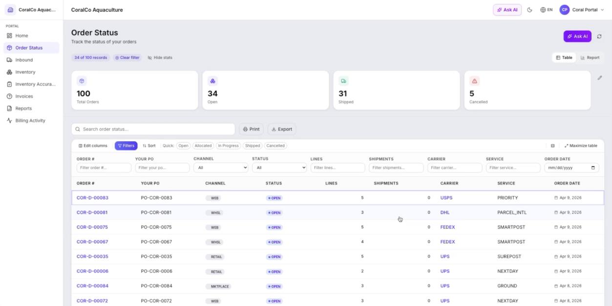 JASCI Phoenix 3PL client portal Order Status page for CoralCo Aquaculture showing 100 total orders, 34 open, 31 shipped, 5 cancelled, with filterable table by order number, PO, channel, status, carrier, service, and date