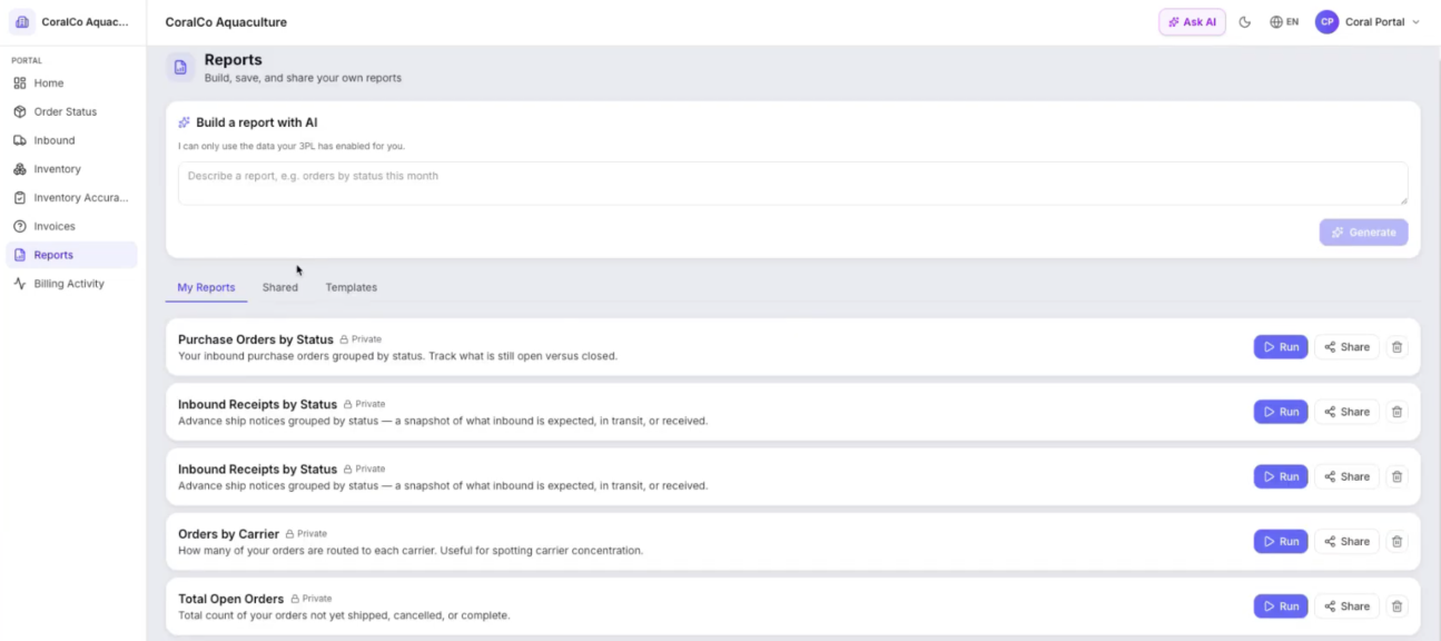 JASCI Phoenix 3PL client portal Reports page for CoralCo Aquaculture showing Build a report with AI prompt, My Reports, Shared, and Templates tabs, with saved reports for Purchase Orders by Status, Inbound Receipts by Status, Orders by Carrier, and Total Open Orders