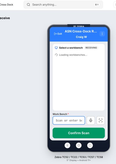 ASN Cross-Dock Receive workflow started on a mobile device