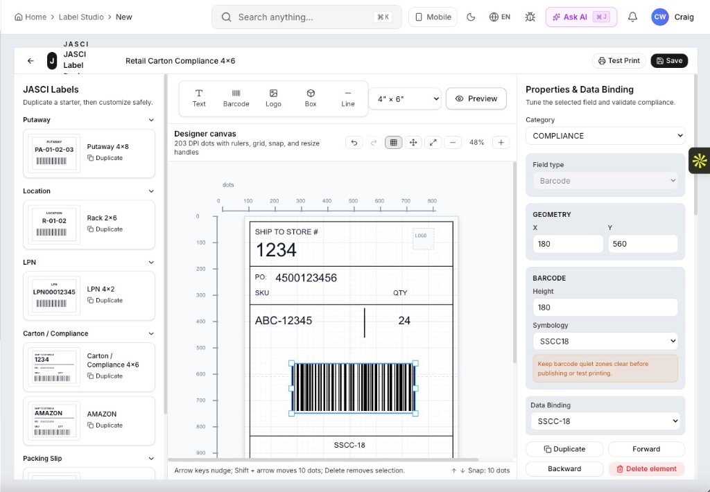 JASCI Label Studio with a GS1-128 barcode selected on a 4x6 carton compliance label, showing the properties panel with geometry X and Y, barcode height, SSCC18 symbology, SSCC-18 data binding, and a quiet zone warning