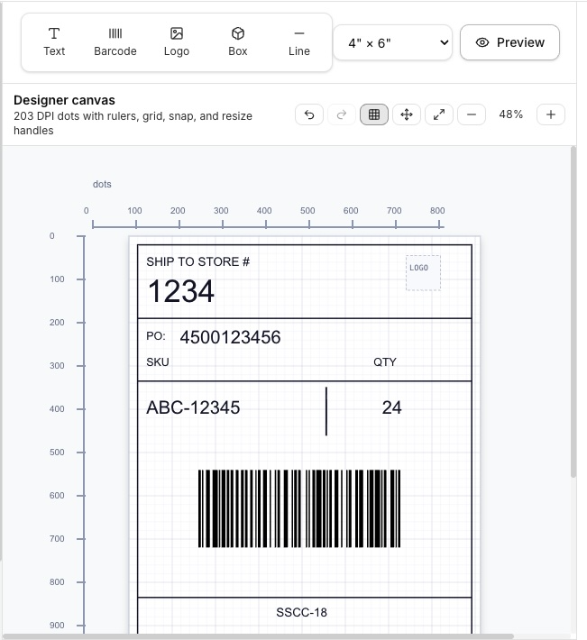 JASCI Label Studio designer canvas with the Text, Barcode, Logo, Box, and Line element toolbar, label size selector, preview button, and a 4x6 retail carton compliance label laid out on a 203 DPI grid
