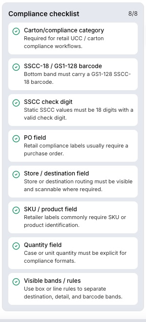 JASCI Label Studio compliance checklist showing 8 of 8 checks passed: carton/compliance category, SSCC-18 GS1-128 barcode, SSCC check digit, PO field, store/destination field, SKU/product field, quantity field, and visible bands/rules