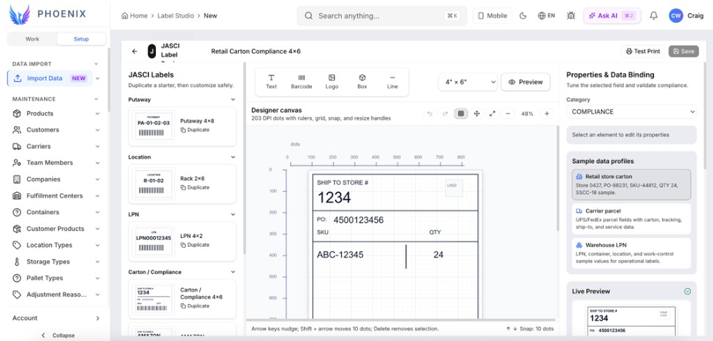 JASCI Phoenix Label Studio showing the label template library, drag-and-drop designer canvas with a Retail Carton Compliance 4x6 label, and the properties and data binding panel