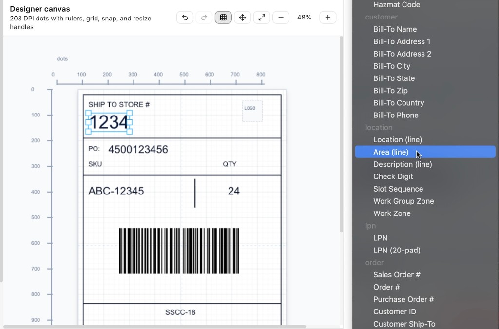 JASCI Label Studio data binding dropdown showing database fields grouped by customer, location, LPN, and order data sets, including Bill-To address fields, Location, Area, Check Digit, Slot Sequence, Work Zone, LPN, Sales Order number, and Purchase Order number