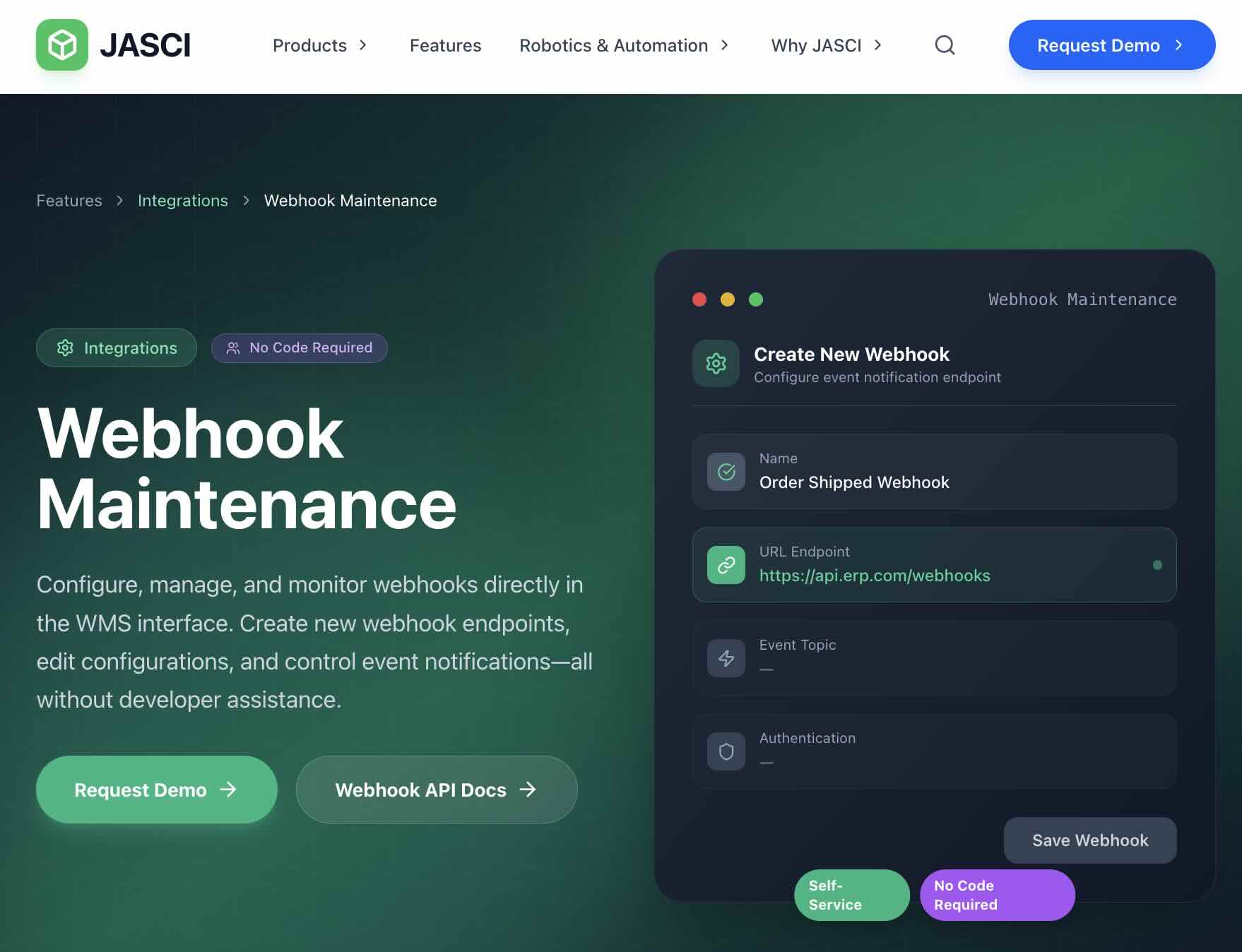 Webhook Configuration Screen for WMS Integration | JASCI