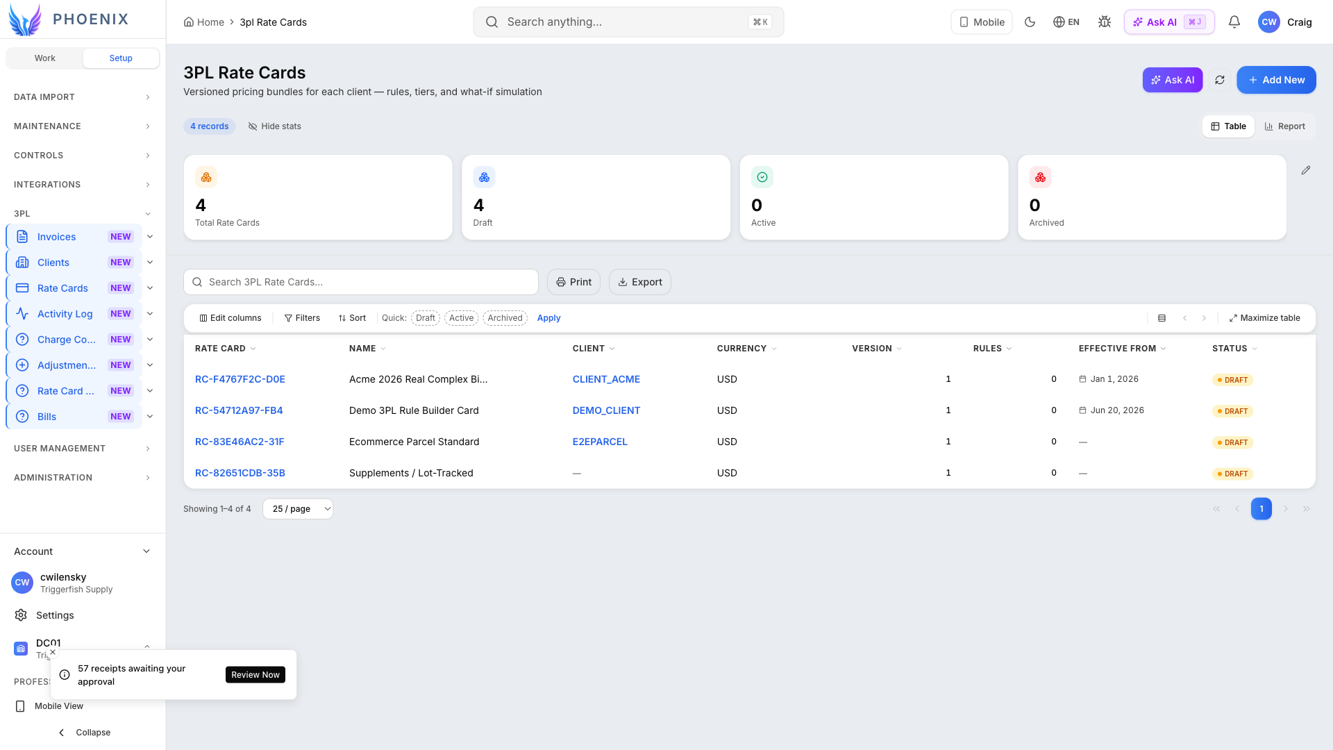 Figure 1 — Rate card list with KPI analytics, search, and quick filters (Phoenix).