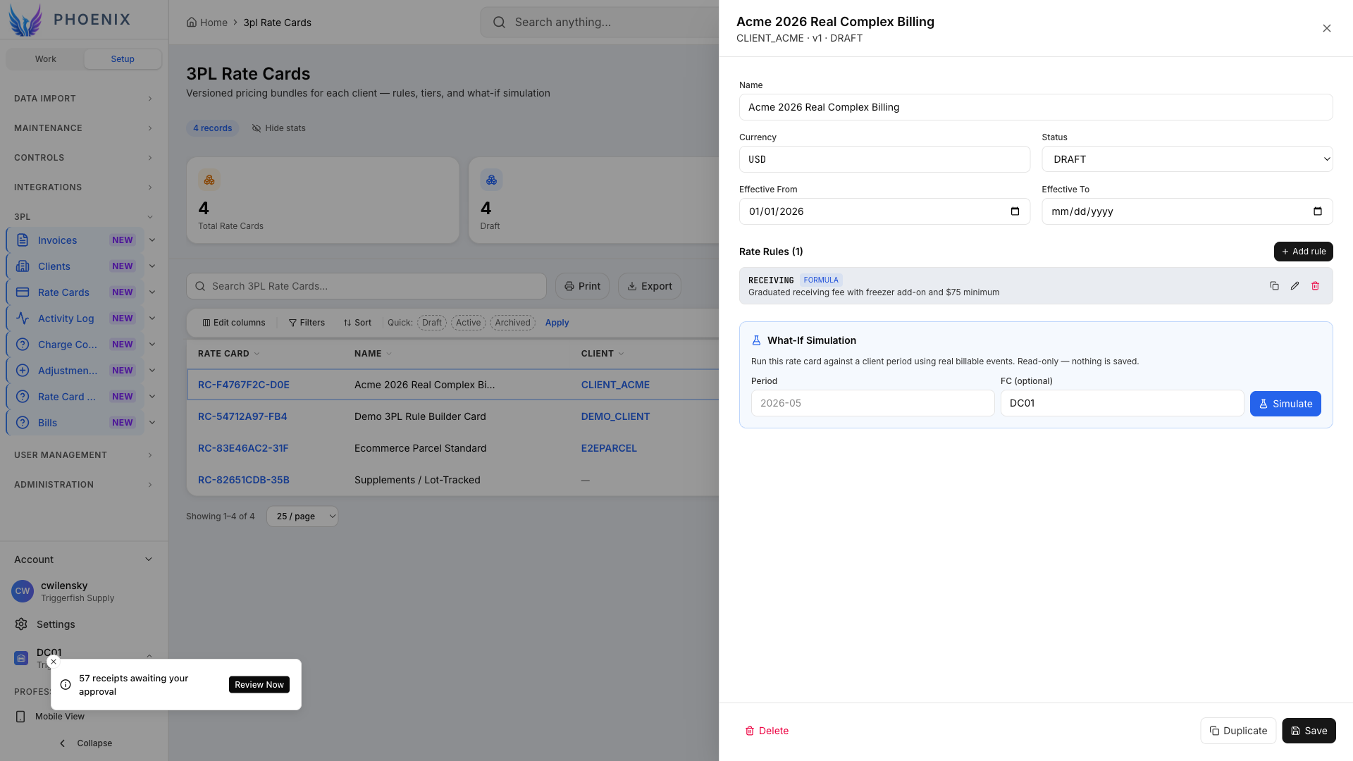 Figure 2 — Rate card detail with rule list and lifecycle metadata.