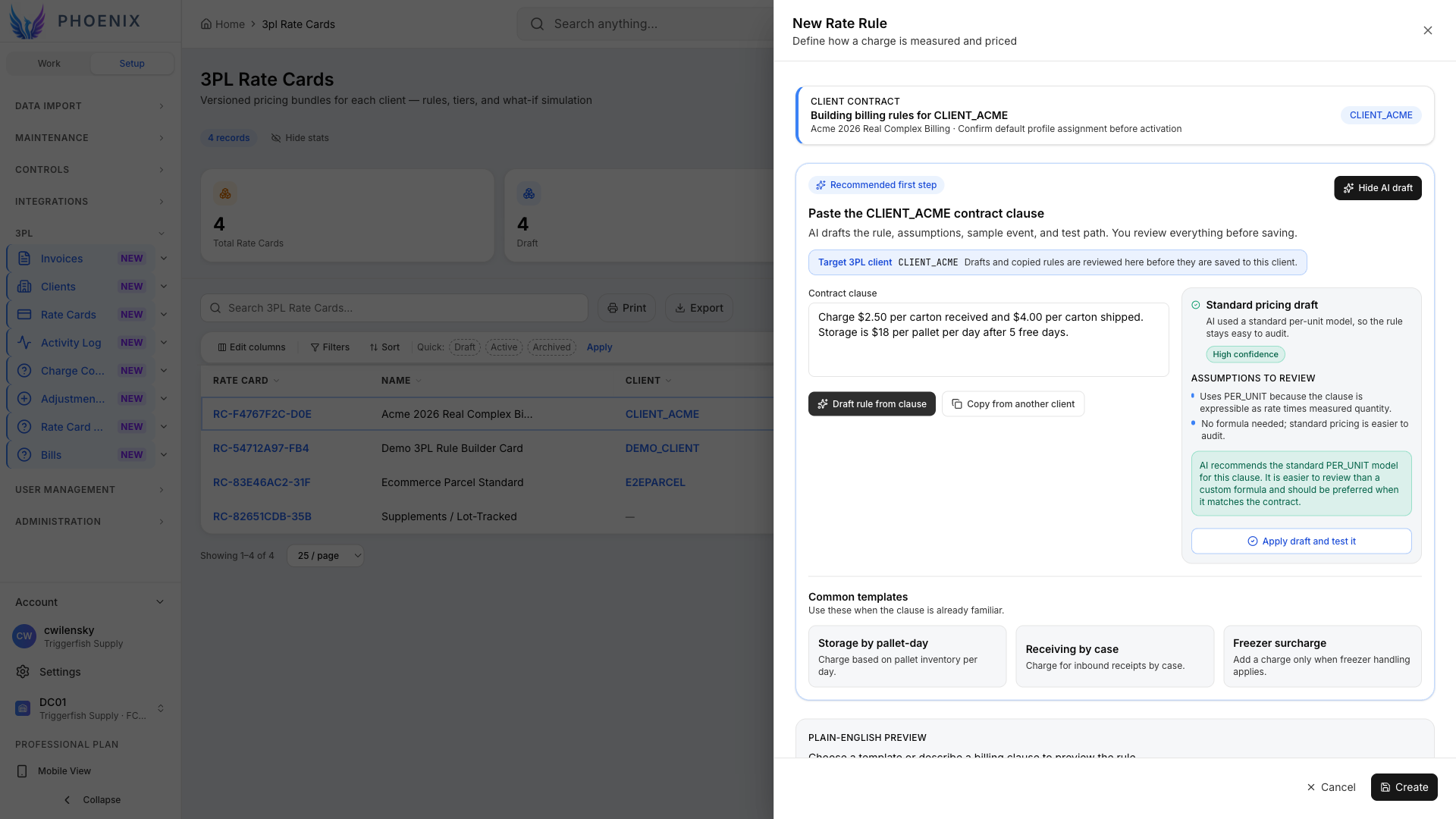 Figure 4 — Reviewing an AI-generated rate rule before saving to the card.