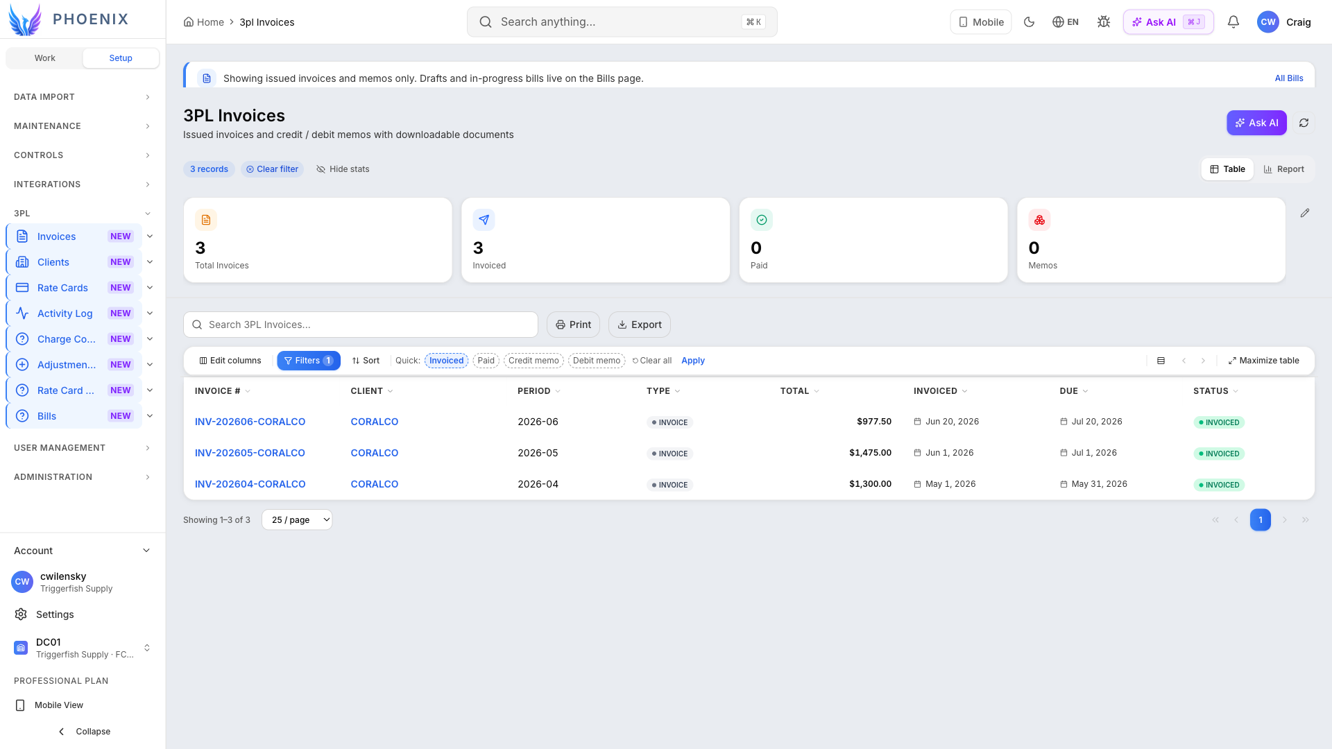 Figure 7 — Invoice list aligned to posted bills.