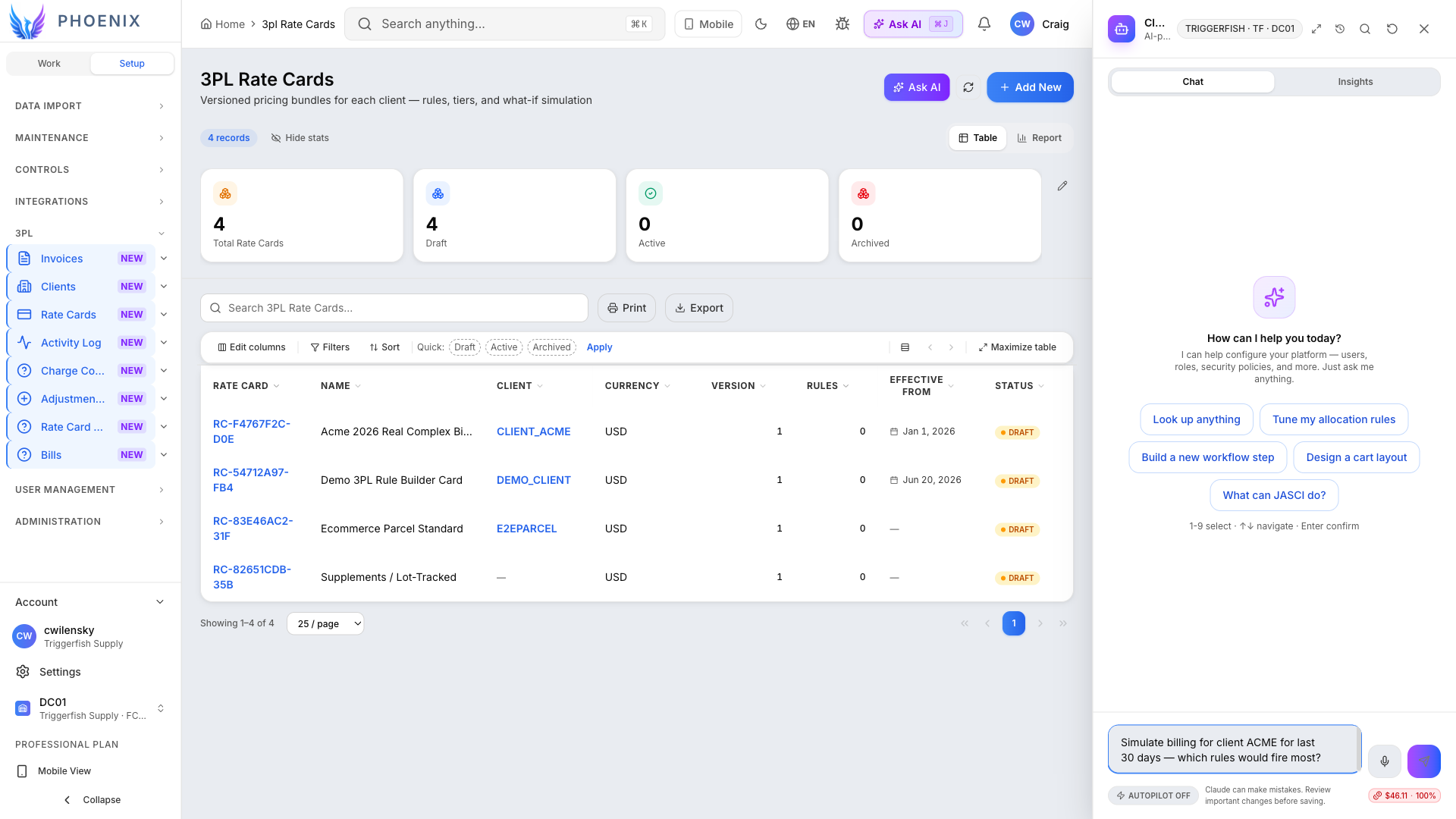 Figure 9 — Global AI dock on Rate Cards with 3PL billing context.