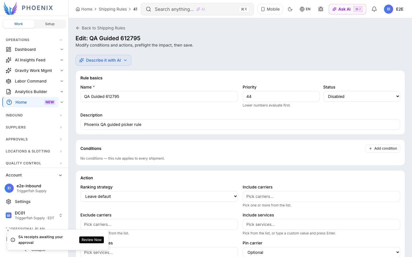 Phoenix Shipping Rule editor with conditions, actions, and AI assistance